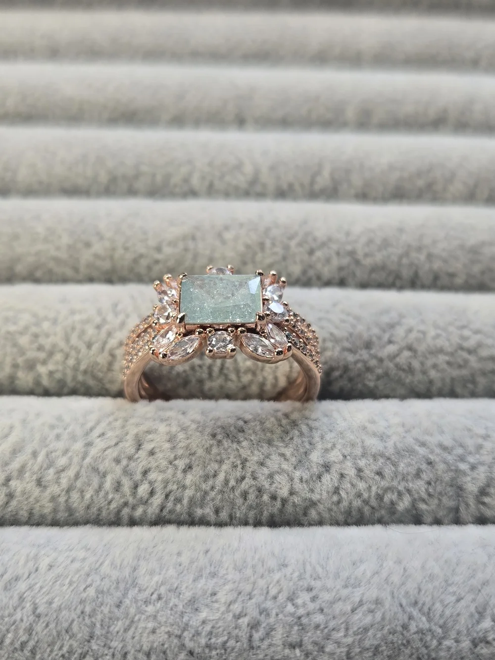 Size 8 Bomb Party Blue Sapphire Ice Crystal Rose Gold Plated